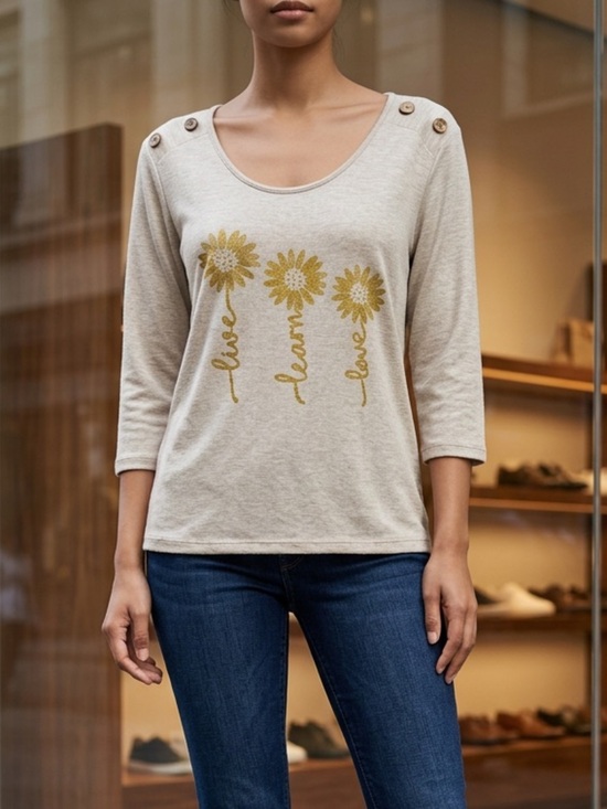 exclusive one Tops - Beige 3 Quarter Length Sleeve Top with Gold Floral Accents Live Learn Love